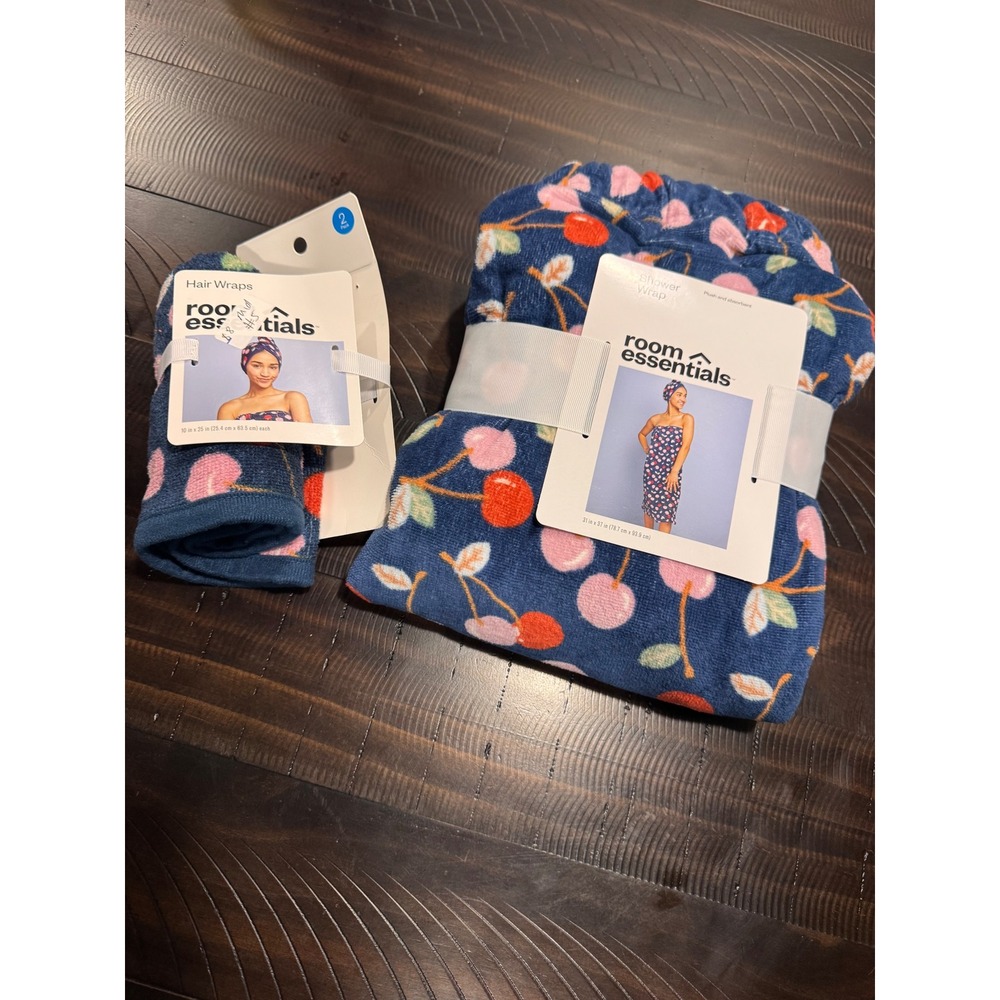 Room Essentials Navy Cherry Shower Wrap and 2 Pack Hair Wraps Set New